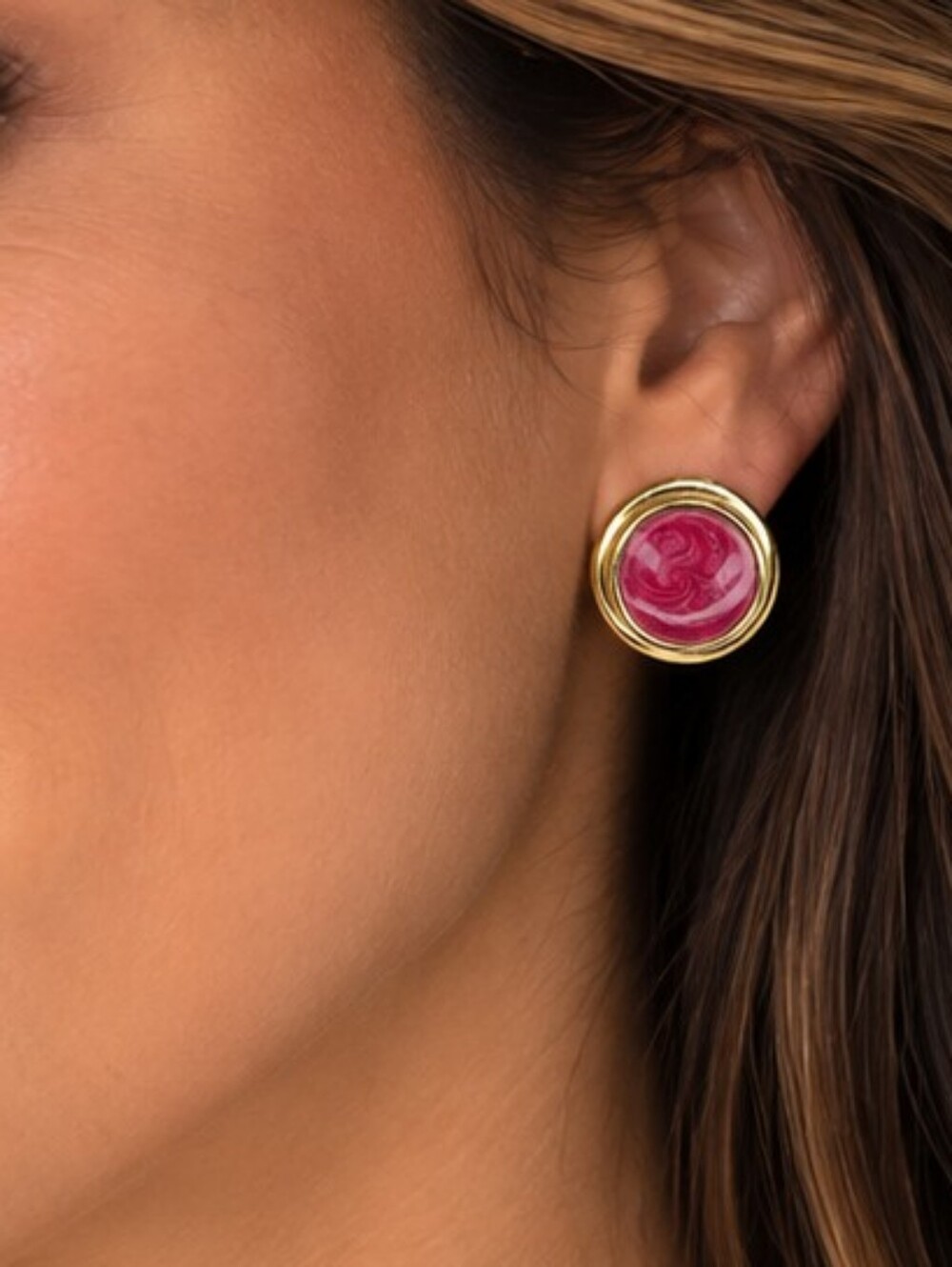 💎Gold Tone Pink Swirl Round Statement Stud Earrings Retro Mod Vintage Style GUC